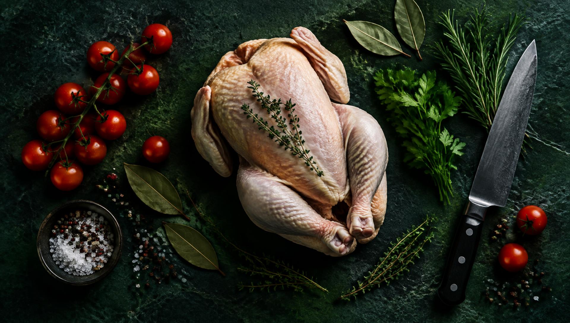 Raw whole chicken on slate with herbs